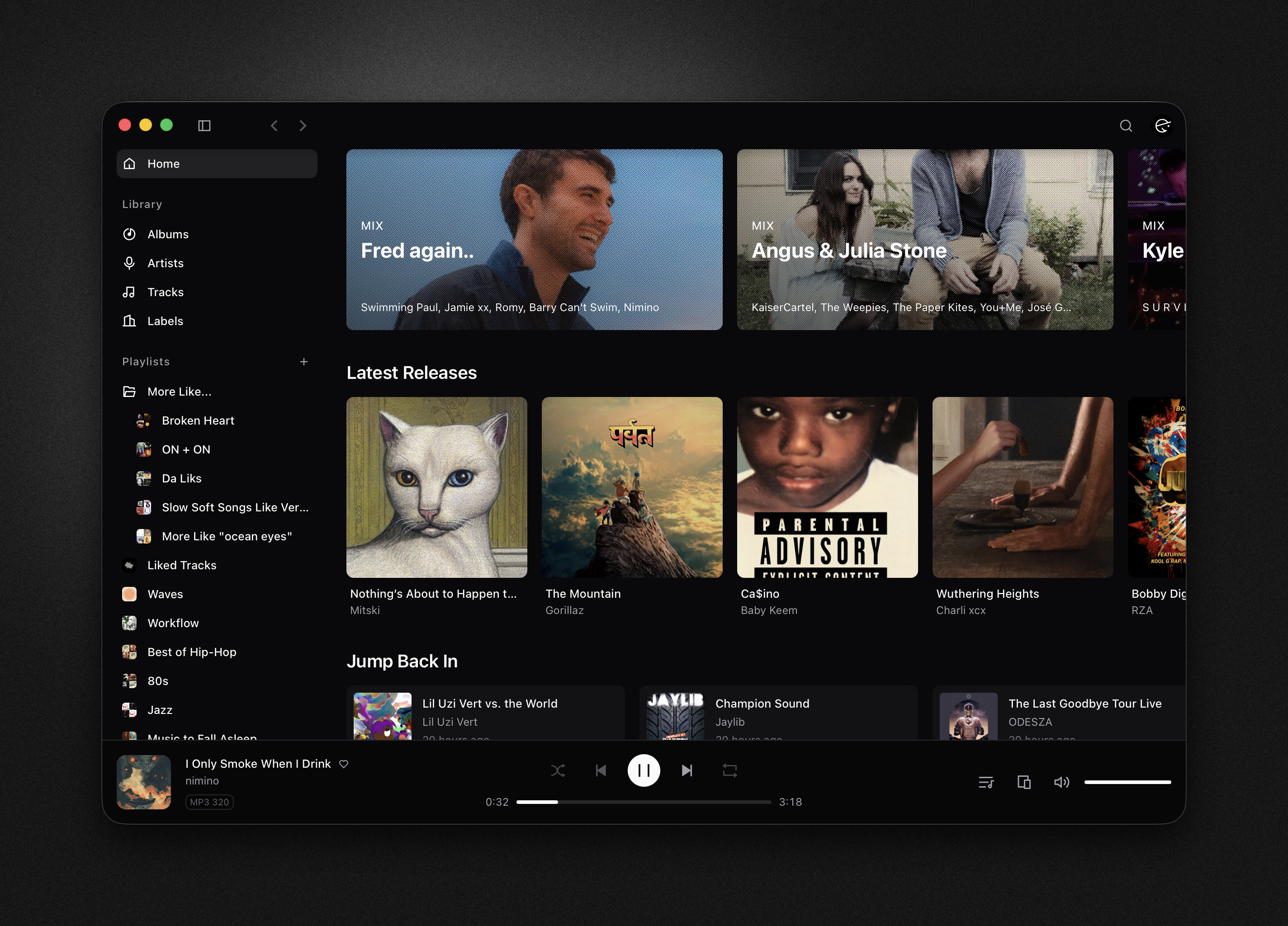 OpAmp — browsing your Plex library with sidebar, mixes, and latest releases